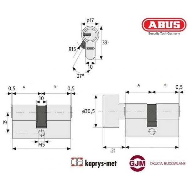 Wkładka bębenkowa ABUS 35/40 G z gałką mosiądz D10 atest C 5 kluczy