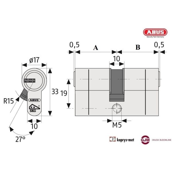 Wkładka bębenkowa ABUS 40/40 mosiądz D10 atest C 5 kluczy