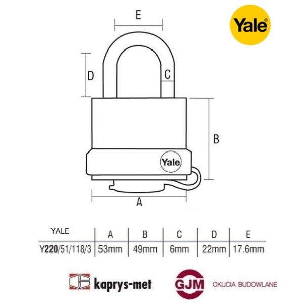 Kłodka YALE Y220/51/118/3  system jednego klucza 3 sztuki