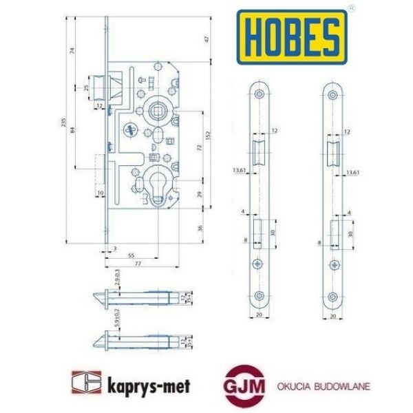 Zamek 72/55 na wkładkę HOBES K334 prawy