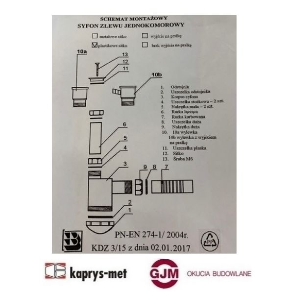 Sywon zlewu jednokomorowy