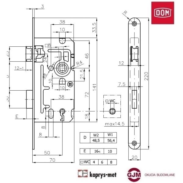 Zamek 72/50 WC 110 stolarka DOM POLSKA prawy