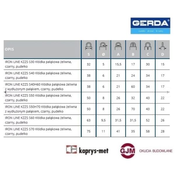 Kłódka GERDA żeliwna KZZS S50H70 długi pałąk blister