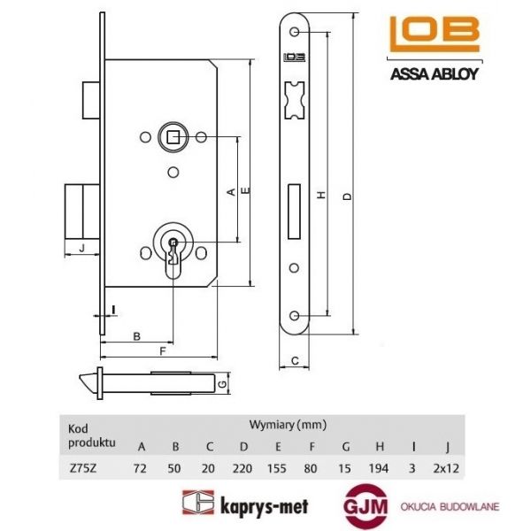 Zamek wpuszczany LOB 72/50 na klucz Z75Z nikiel