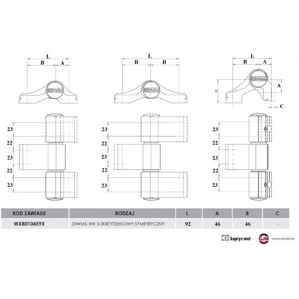 Zawias WX 8010459 3-skrzydłowy symetryczny biały 9016 WALA