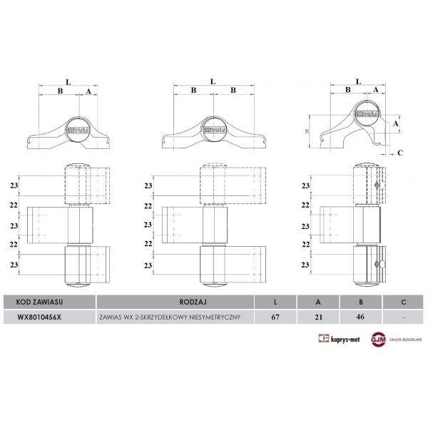 Zawias WX 8010456 2-skrzydłowy niesymetryczny antracyt 7016 WALA