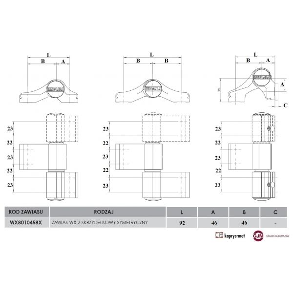 Zawias WX 8010458 2-skrzydłowy symetryczny srebrny 9006 WALA