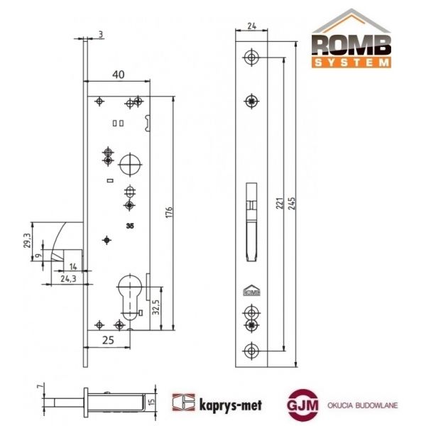 Zamek wpuszczany hakowy zasuwkowy KP-25 041105 ROMB SYSTEM / K30195530 ALUPROF