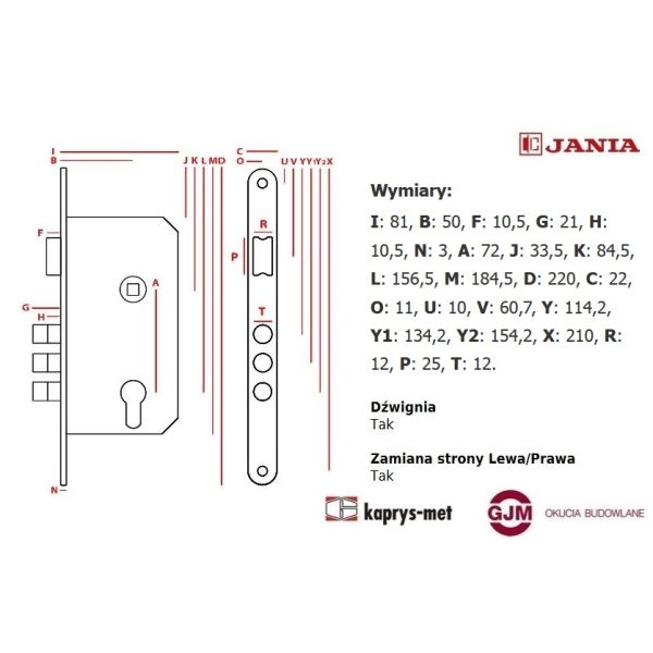 Zamek Jania 72/50 bolcowy Z198 na wkładkę z dźwignią - 22 stolarski skręcany