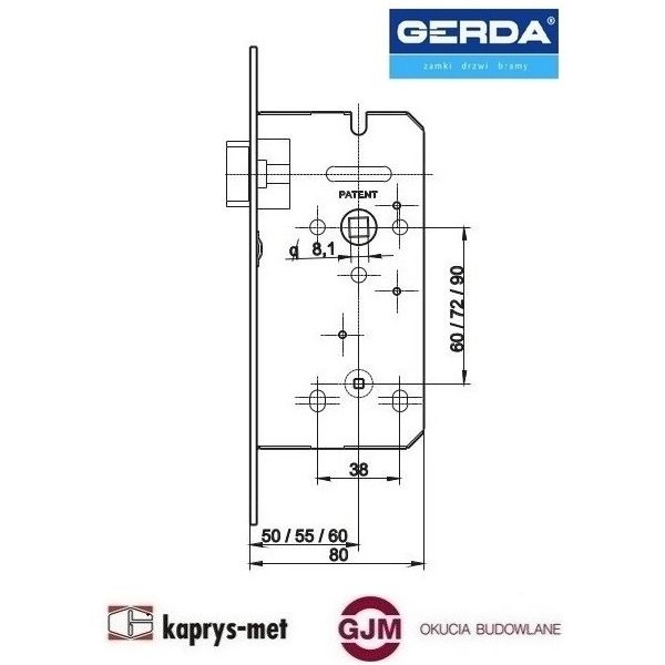 Zamek GERDA 72/50 mm WC ZW 100 stolarka 36 sztuk ocynk srebrny