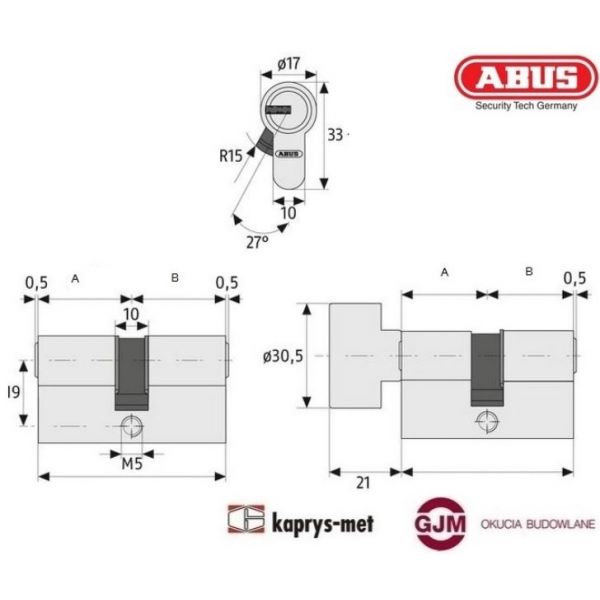 Wkładka bębenkowa ABUS 30/40 G z gałką nikiel z D10 atest C 5 kluczy