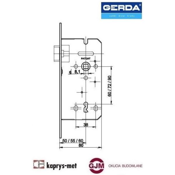 Zamek GERDA 72/50 mm na klucz ZW 100 stolarka 36 sztuk ocynk srebrny