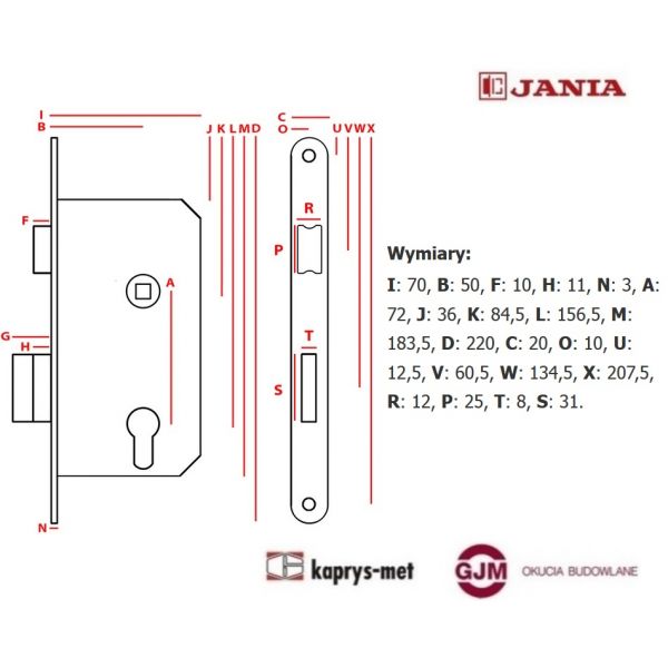Zamek Jania 72/50 na wkładkę ekonomik 110 - stolarka Z319 prawy
