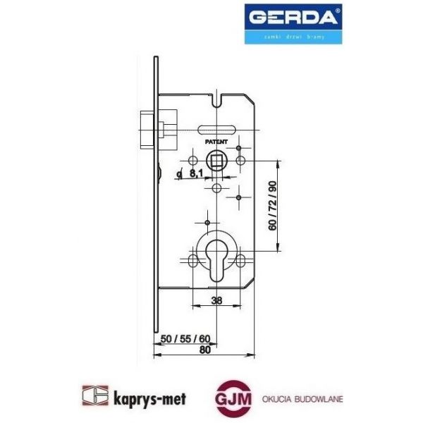 Zamek GERDA 72/50 mm na wkładkę ZW 100 stolarka 36 sztuk - ocynk srebrny