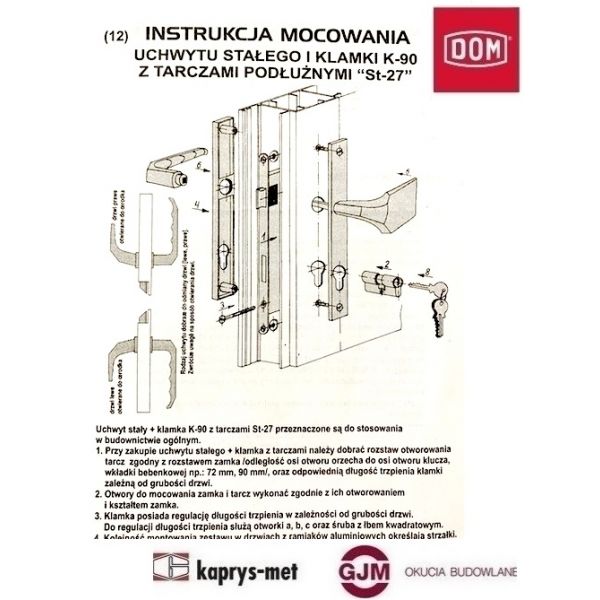 Uchwyt - Klamka K-90 tarcze ST-27 na wkładkę 90 mm DOM POLSKA czarny lewy