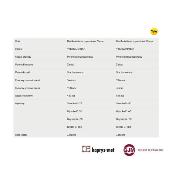 Kłódka trzpieniowa Y113BL/75/114/1 YALE