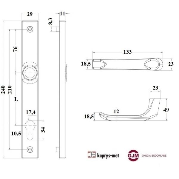 Klamka H1/S1 WALA długi szyld 92 na wkładkę antracyt RAL 7016