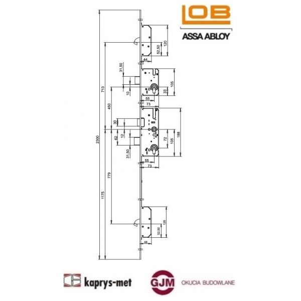Zamek wpuszczany wielopunktowy 72/55 2-hakowy ocynk żółty LOB ASSA ABLOY