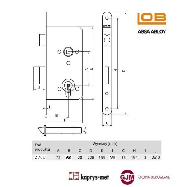 Zamek wpuszczany LOB 72/60 na wkładkę Z76B