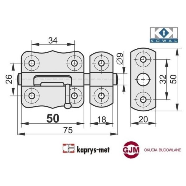 Zasuwka uniwersalna 50 mm KOWAL