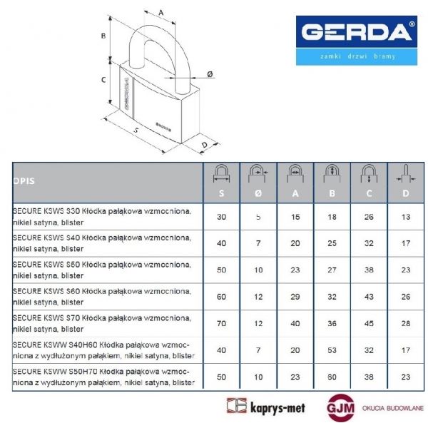 Kłódka GERDA S60 KSWS wzmocniona pałąkowa SECURE
