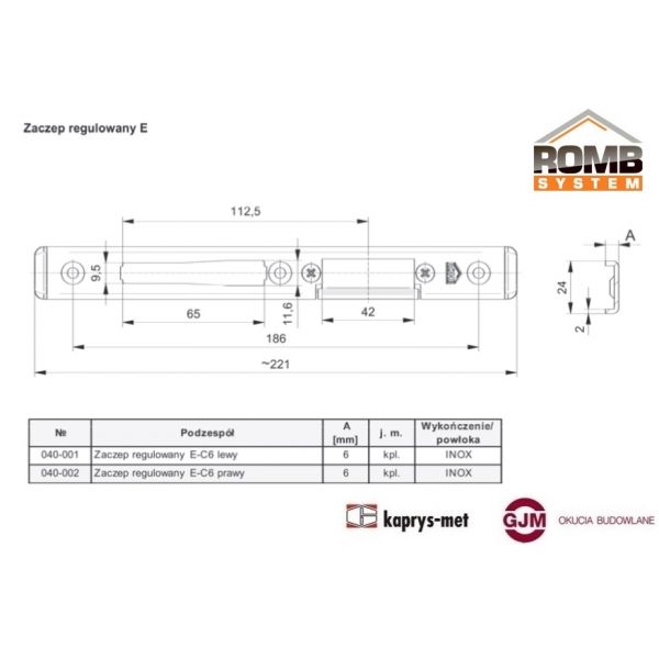 Zaczep regulowany E-C6 prawy 040-002 ROMB SYSTEM / K80009256 ALUPROF