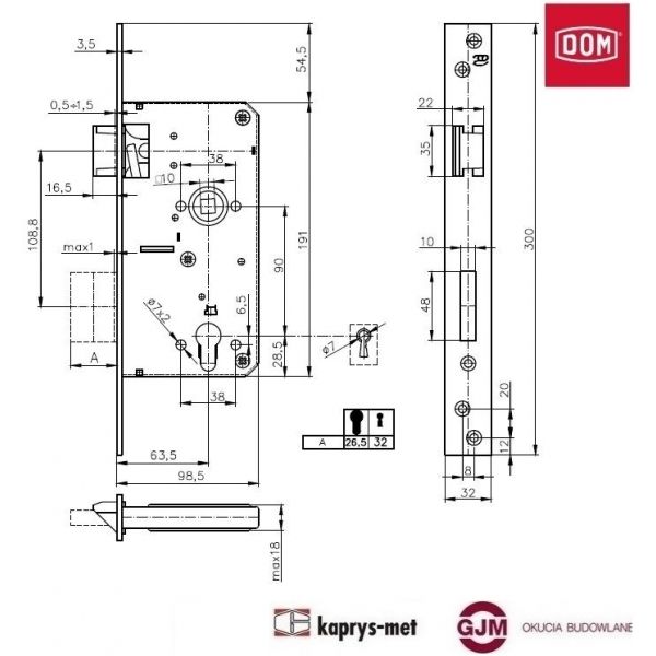 Zamek bramowy zapadkowo-zasuwkowy na wkładkę z dźwignią DOM POLSKA prawy
