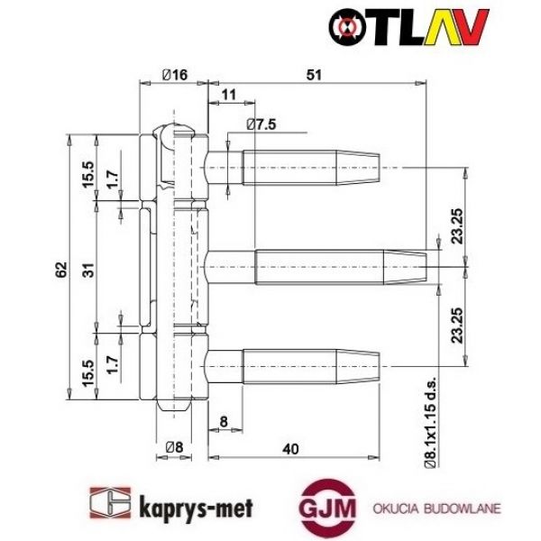 Zawias trójczłonowy 16 OTLAV ocynk biały