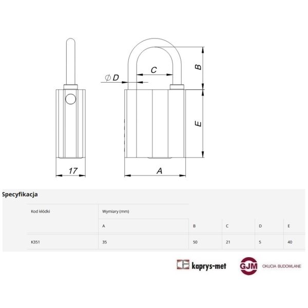 Kłódka K351 długi pałąk duży klucz ( możliwość Master Key )