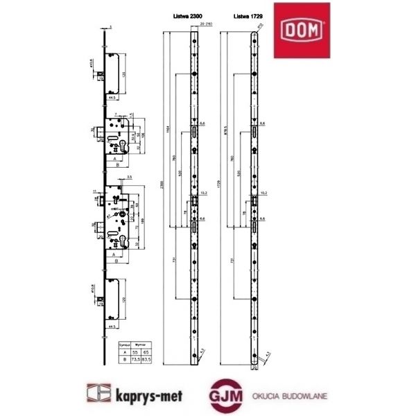 Zamek wielopunktowy 72/55 listwa 20x2300 z zasuwką ryglową ocynk biały DOM POLSKA
