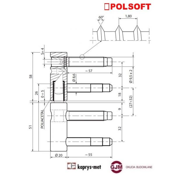 Zawias wkręcany regulowany ø20 ocynk żółty POL-SOFT