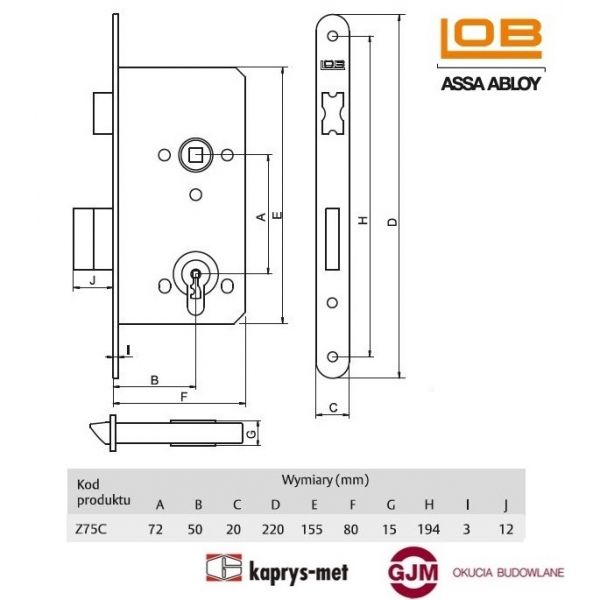 Zamek wpuszczany LOB 72/50 WC Z75C cynk żółty blister