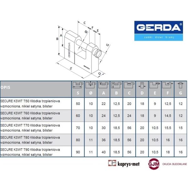 Kłódka GERDA T60 trzpieniowa KSWT wzmocniona SECURE