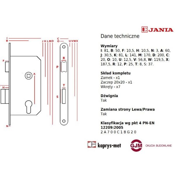 Zamek Jania 60/50 WC z dźwignią Z016