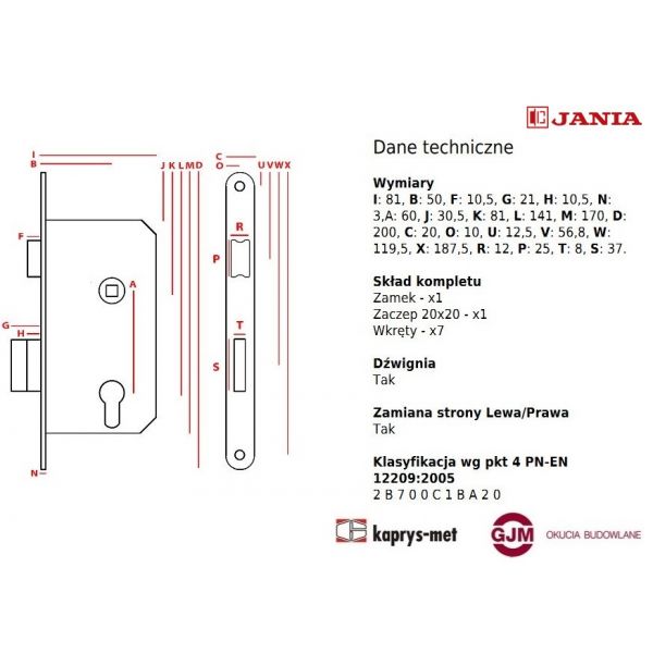 Zamek Jania 60/50 na wkładkę z dźwignią Z012