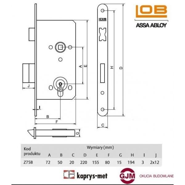 Zamek stolarka 72/50 na wkładkę Z75B ocynk żółty LOB ASSA ABLOY