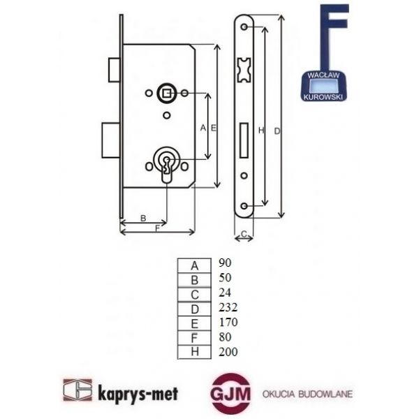 Zamek wpuszczany 90/50 na klucz malowany Z1-mk prawy KUROWSKI