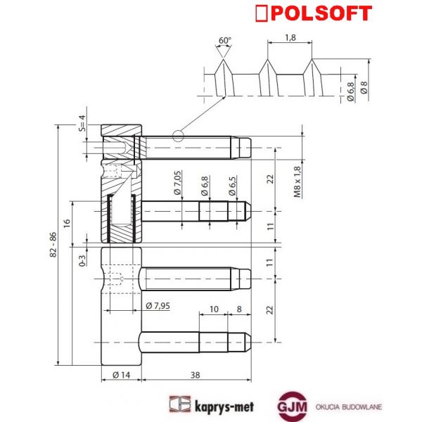 Zawias wkręcany regulowany ø14 ocynk żółty POL-SOFT