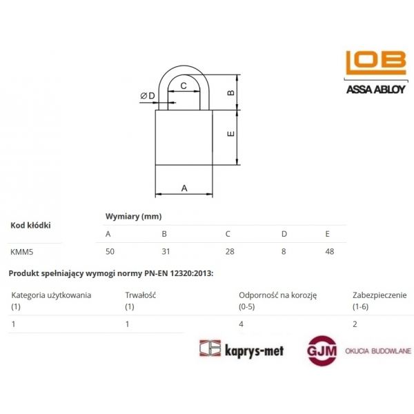 Kłódka mosiężna nierdzewna KMM5 LOB ASSA ABLOY