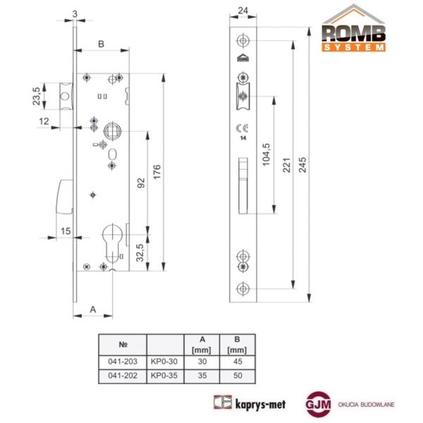 Zamek wpuszczany zapadkowo-zasuwkowy KPO-30 041-203 ROMB SYSTEM / K30101390 ALUPROF