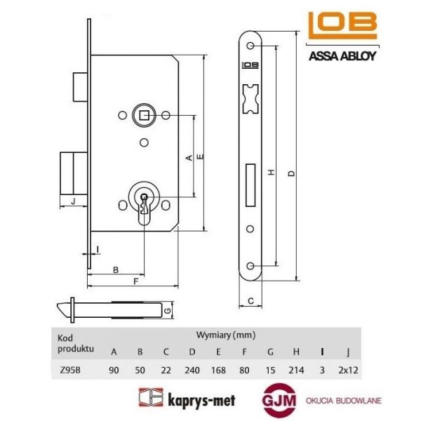 Zamek stolarka 90/50 na wkłądke Z95B ocynk żółty LOB ASSA ABLOY