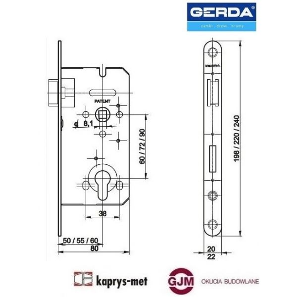 Zamek Gerda 72/55 na klucz ZW 100 ocynk srebrny