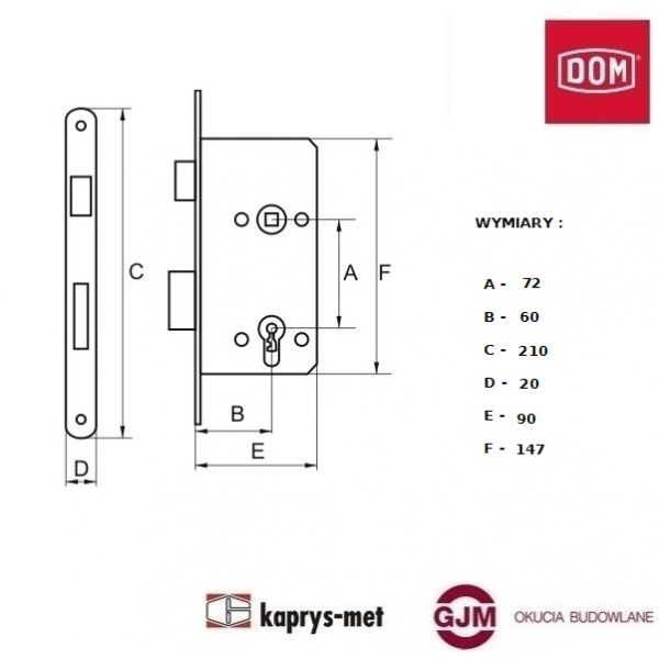 Zamek 72/60 na wkładkę DOM POLSKA prawy