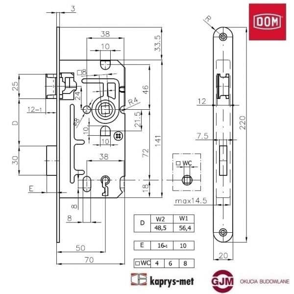 Zamek 72/50 na klucz 110 stolarka DOM POLSKA lewy