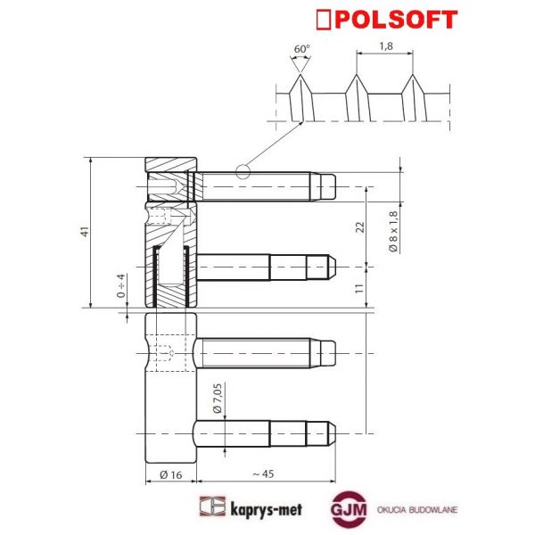 Zawias wkręcany regulowany ø16 ocynk żółty POL-SOFT