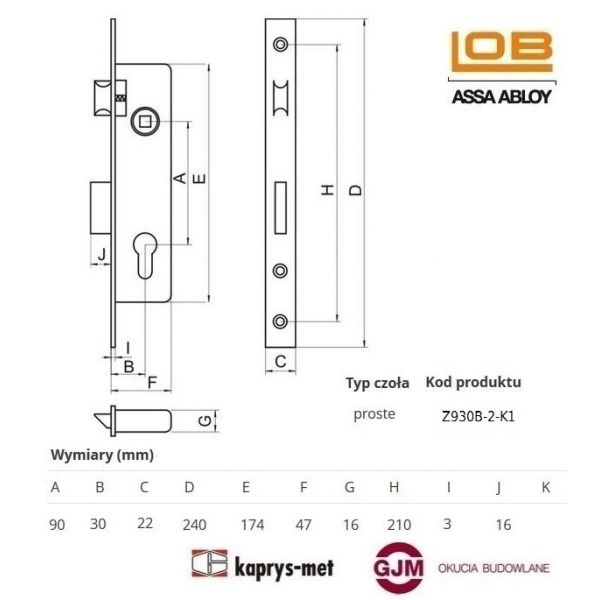 Zamek LOB Z930B wąski zapadkowo - zasuwkowy