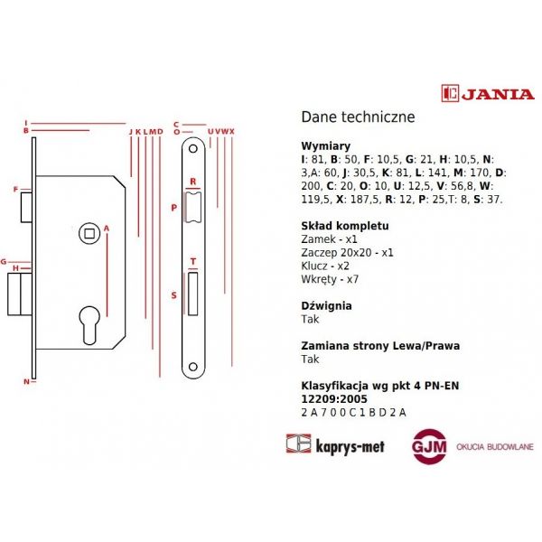 Zamek Jania 60/50 na klucz z dźwignią Z014