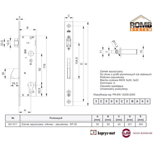 Zamek wpuszczany rolkowo-zasuwkowy KP-35 041-011 ROMB SYSTEM / K30195140 ALUPROF
