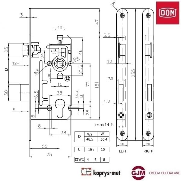 Zamek 72/55 na wkładkę 110 stolarka DOM POLSKA prawy