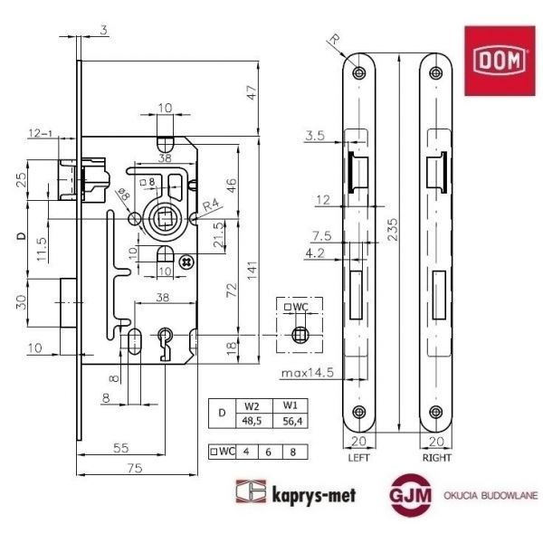 Zamek 72/55 na klucz 110 stolarka DOM POLSKA lewy